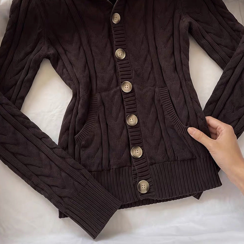 Women's Korean Slim-Fit Hooded Sweater – Knit Long Sleeve Cardigan in Ancient Brown