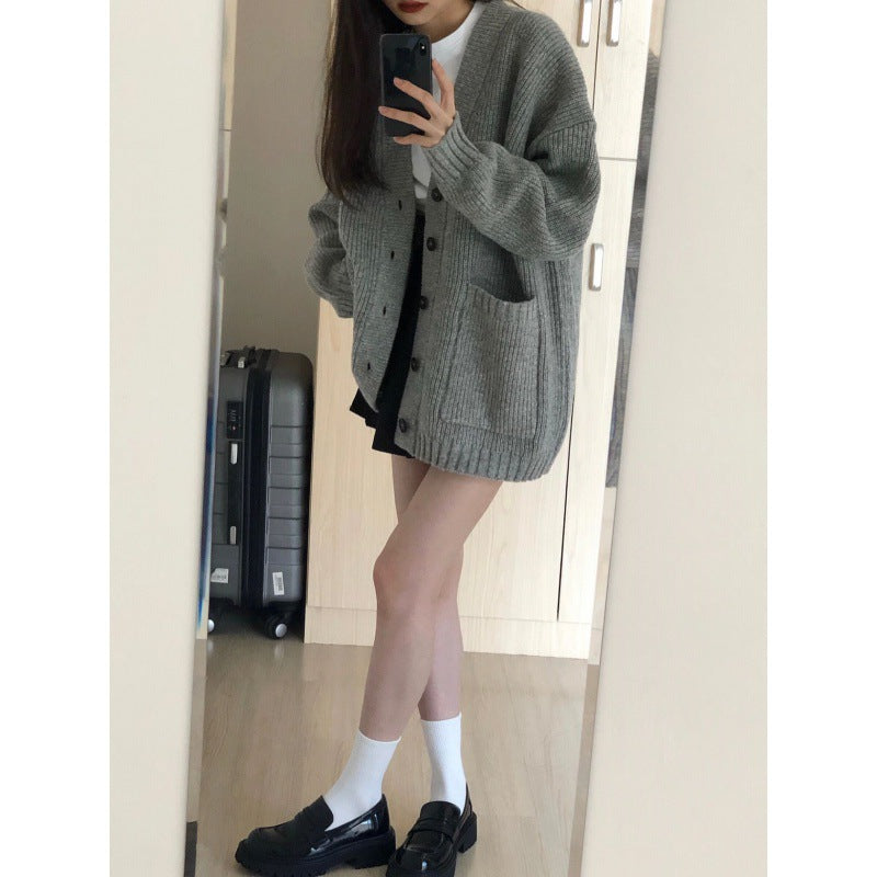 Women's Korean-Style Loose Knit Cardigan – Pocket Detail Sweater Jacket