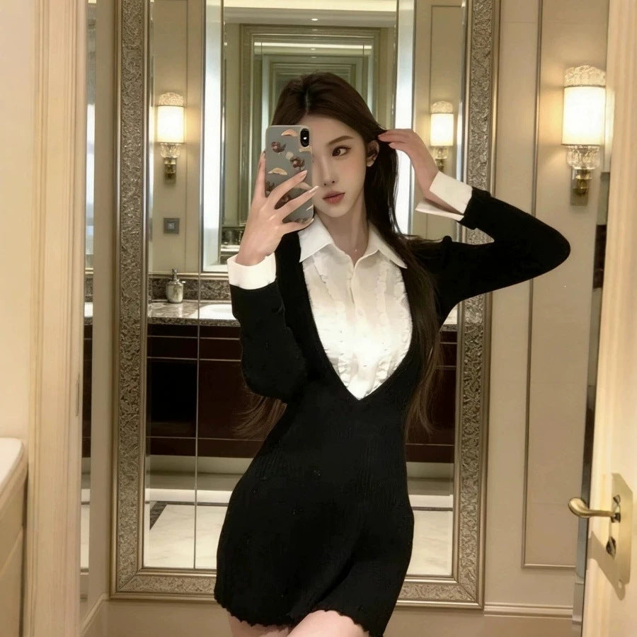 Black & White Layered-Look Shirt Dress