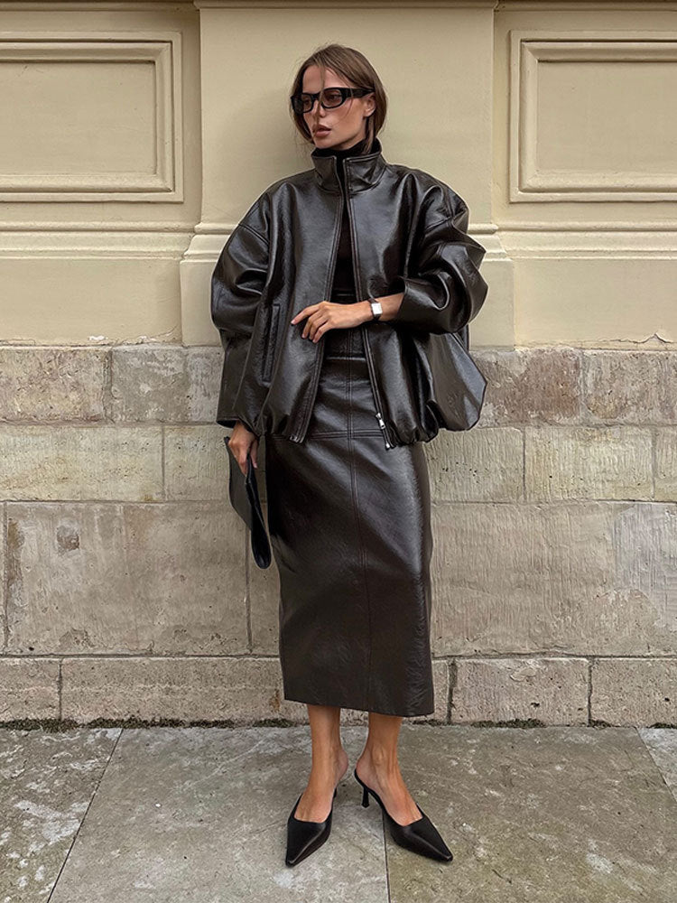 PU Leather Jacket & Skirt Co-ord Set | Women's High-Waist Two-Piece