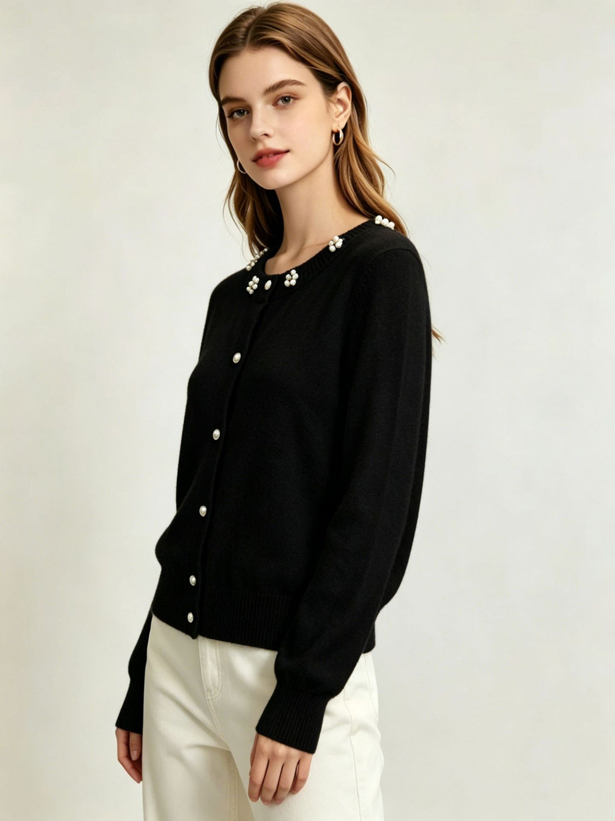 Women's Beaded Knit Cardigan – Loose Sweater Coat with Button Front