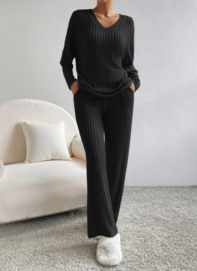 Women's Knit Two-Piece Set – V-Neck Sweater Top & Straight-Leg Pants | Korean Style
