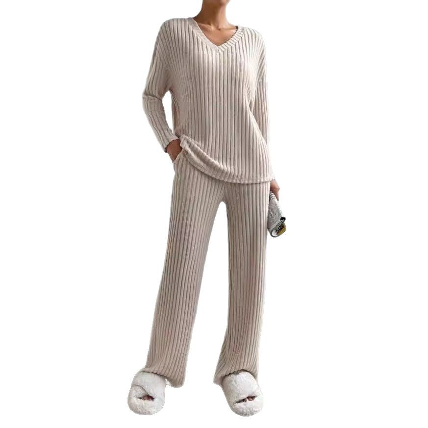 Women's Knit Two-Piece Set – V-Neck Sweater Top & Straight-Leg Pants | Korean Style