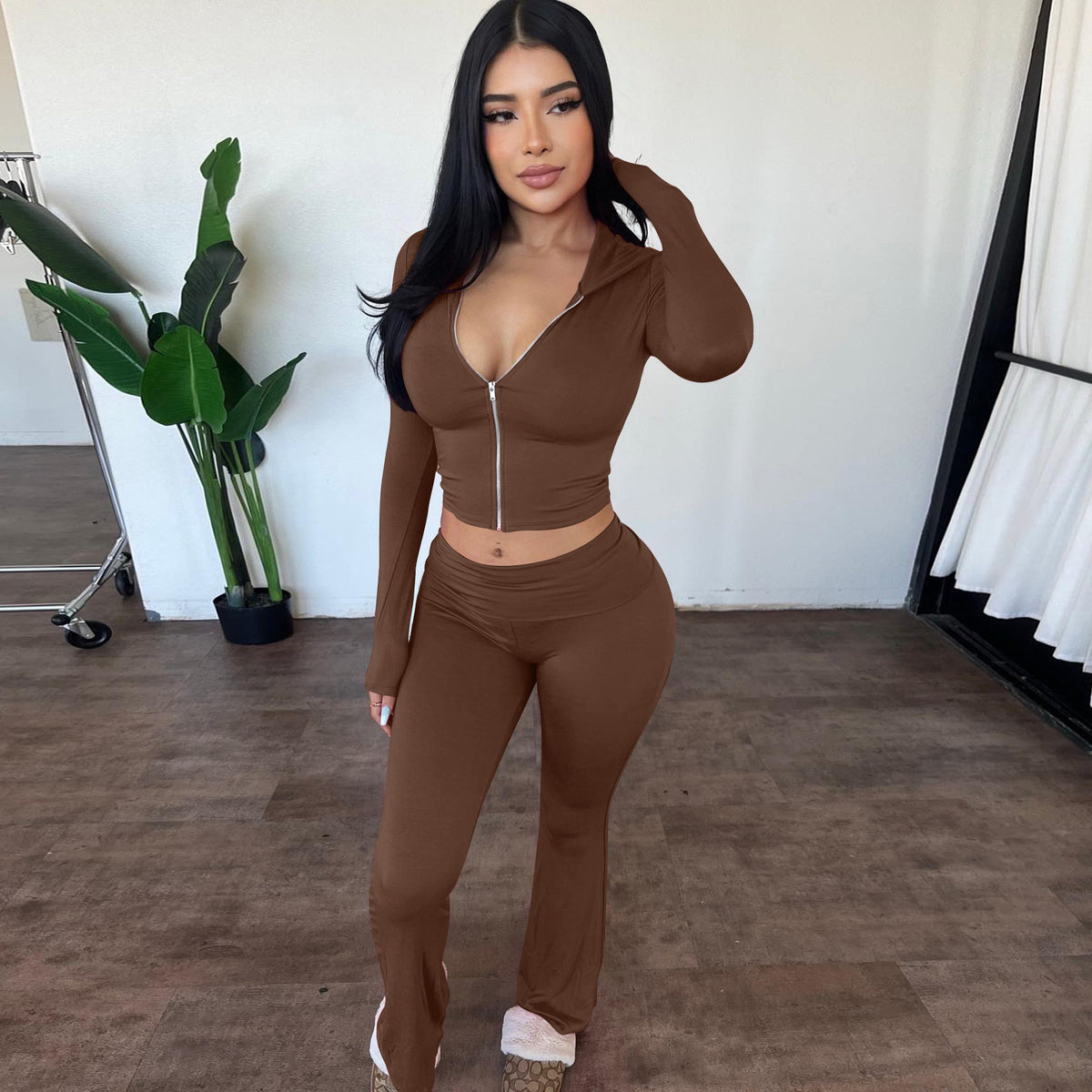 Women's Zip-Up Hoodie & Flared Pants Set