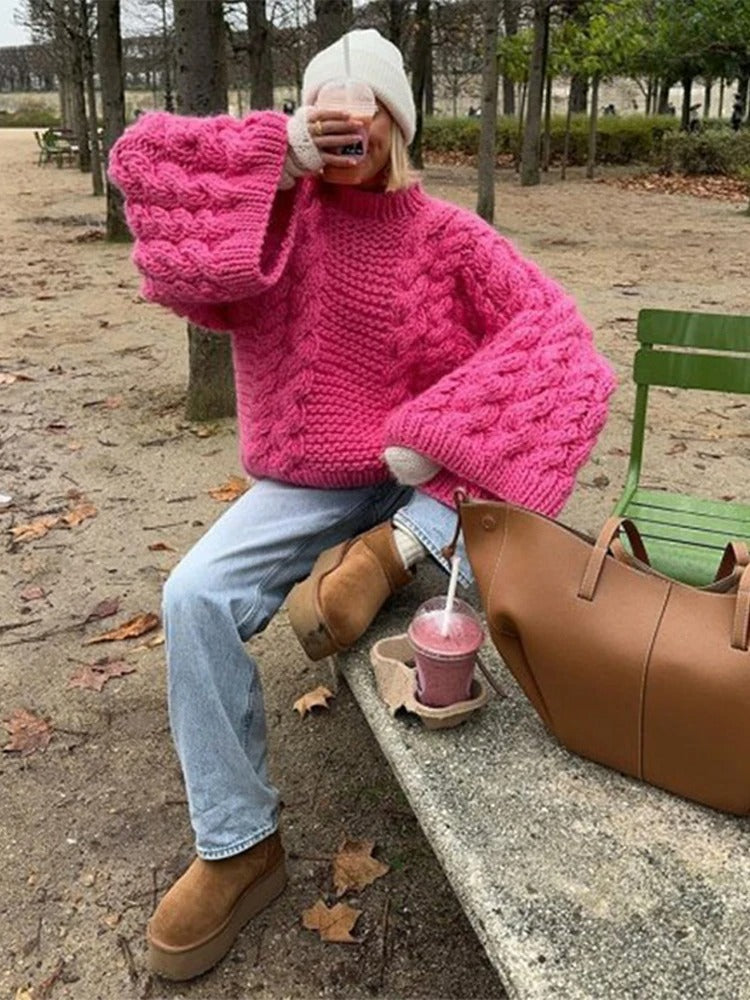 Women's Cable-Knit Sweater with Flared Sleeves