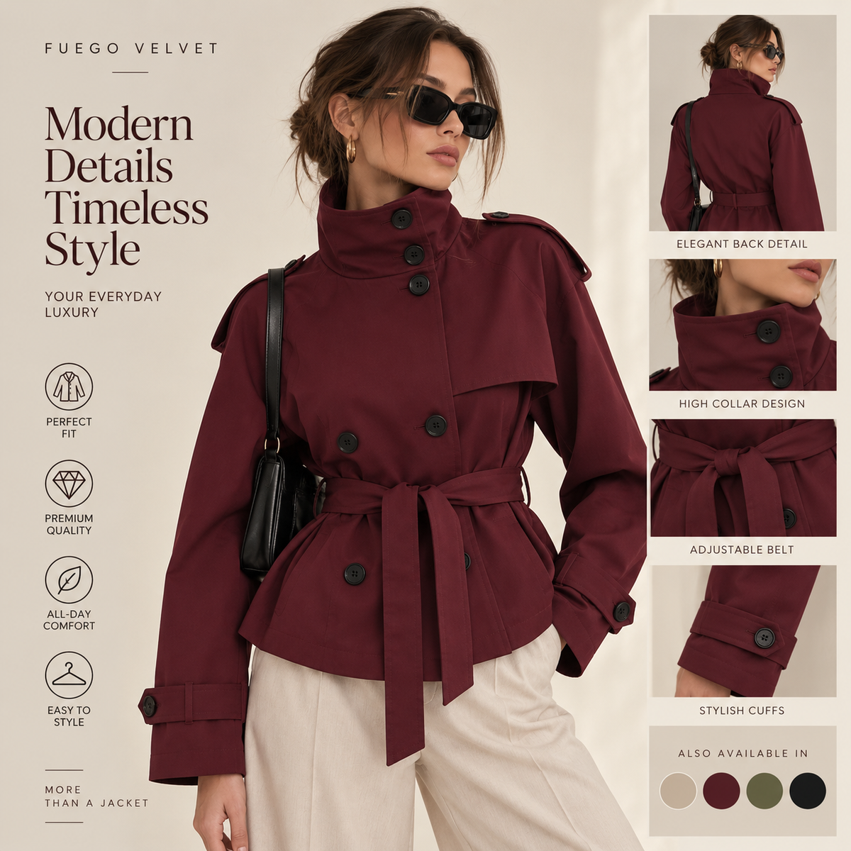 Women's Belted Short Trench Coat – High Collar, Lace-Up Detail | Sizes S–3XL