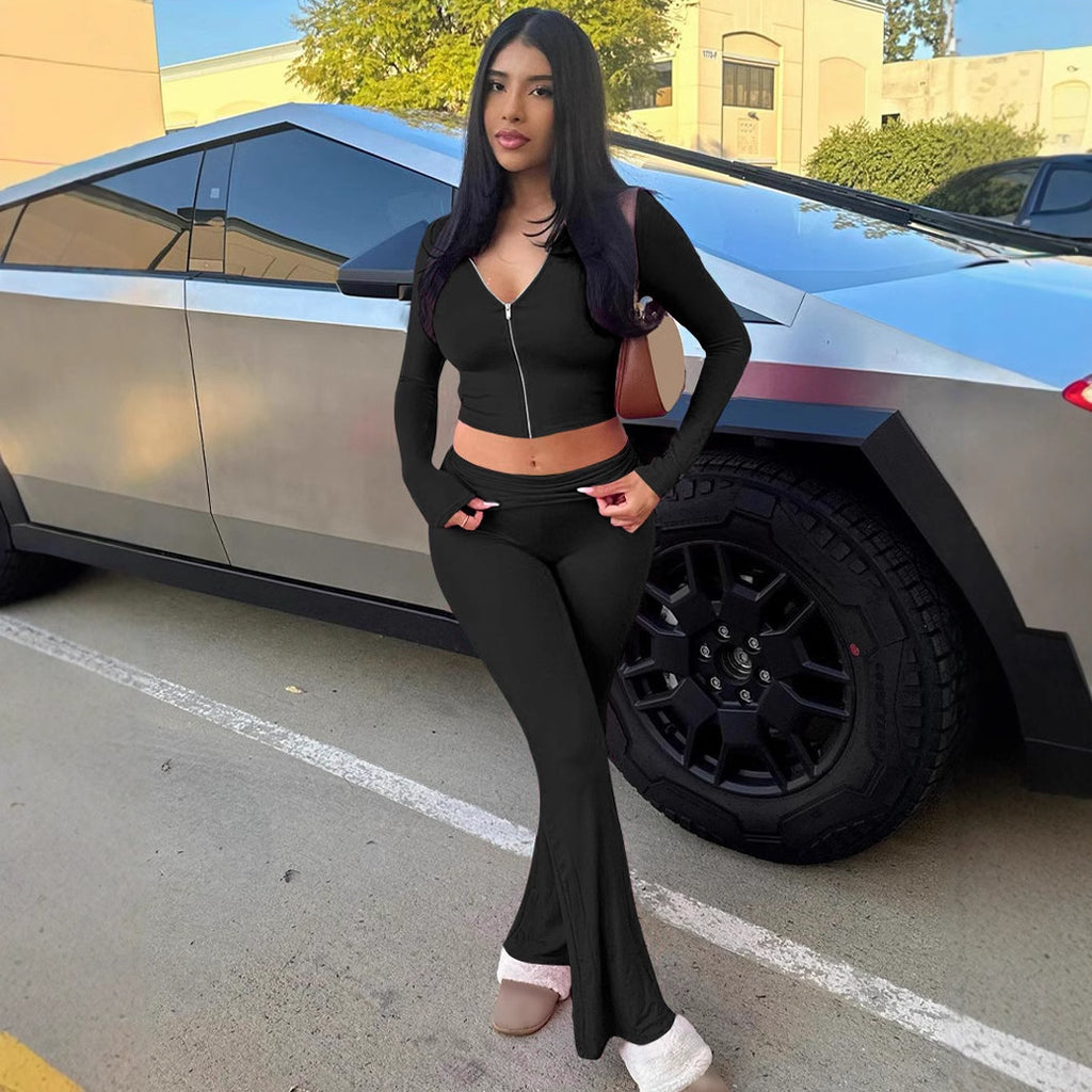 Women's Zip-Up Hoodie & Flared Pants Set