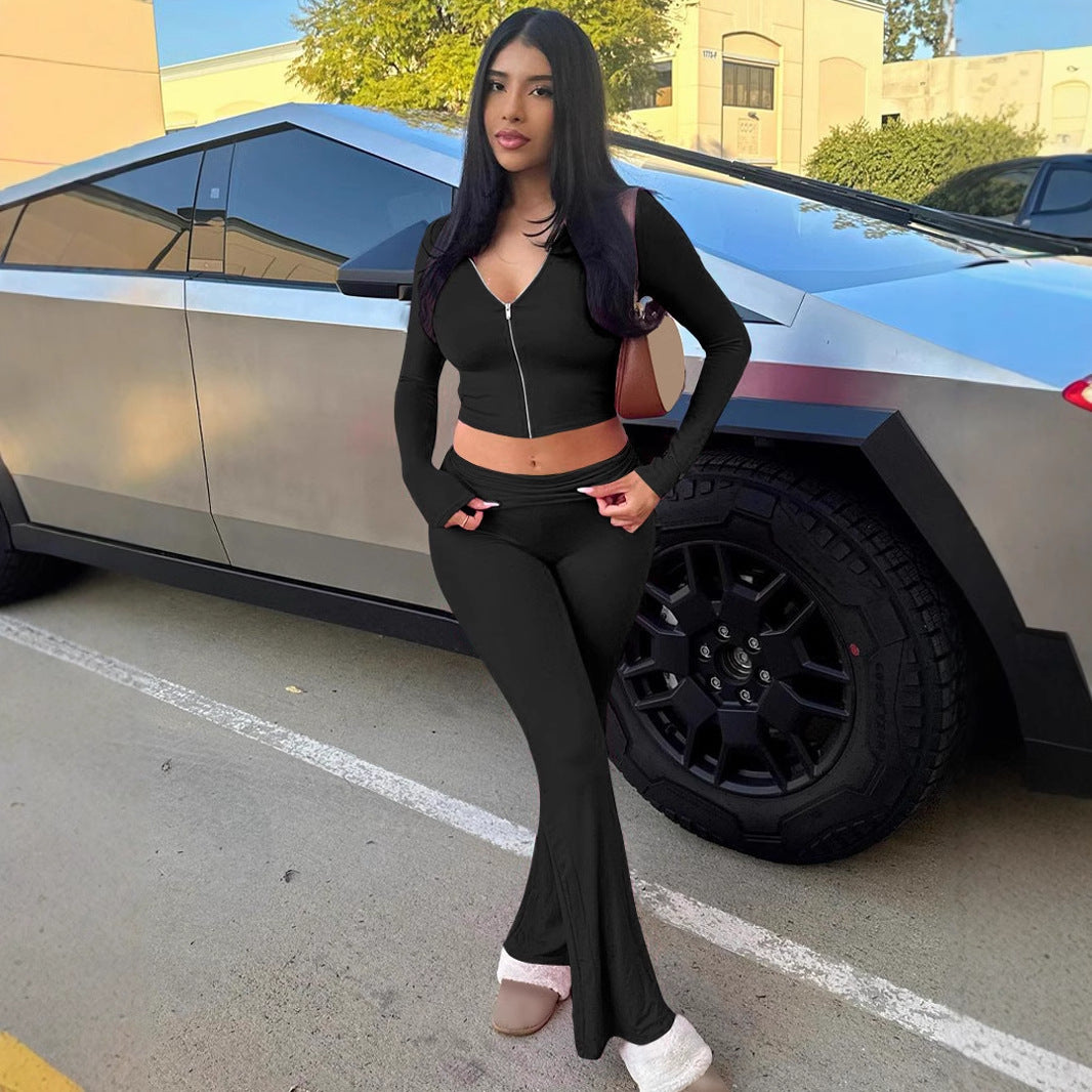 Women's Zip-Up Hoodie & Flared Pants Set
