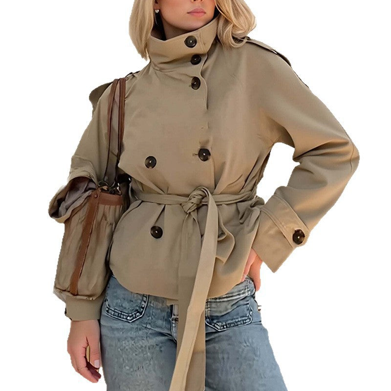 Women's Belted Short Trench Coat – High Collar, Lace-Up Detail | Sizes S–3XL