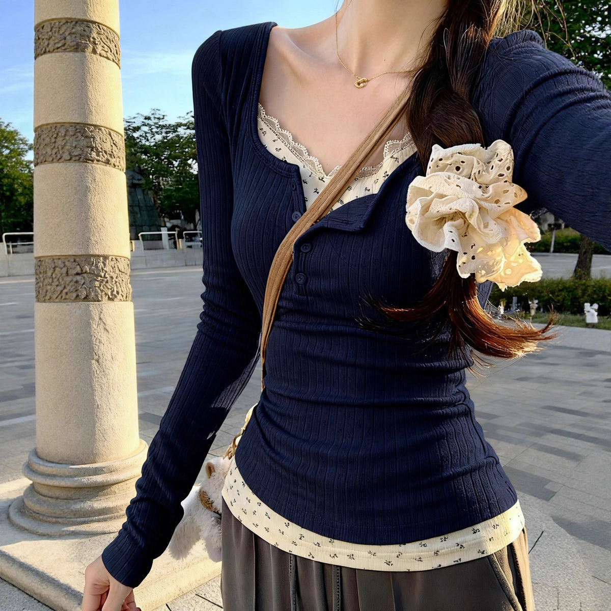 Lace Trim Floral Print Slim Fit Top | Elegant V-Neck Women's Shirt