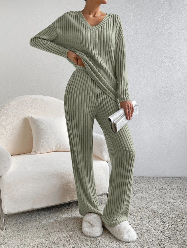 Women's Knit Two-Piece Set – V-Neck Sweater Top & Straight-Leg Pants | Korean Style
