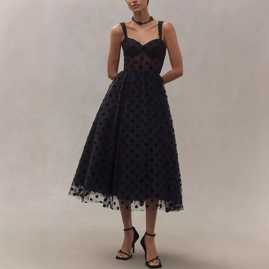 Women’s Black Dotted Mesh Maxi Dress – V-Neck