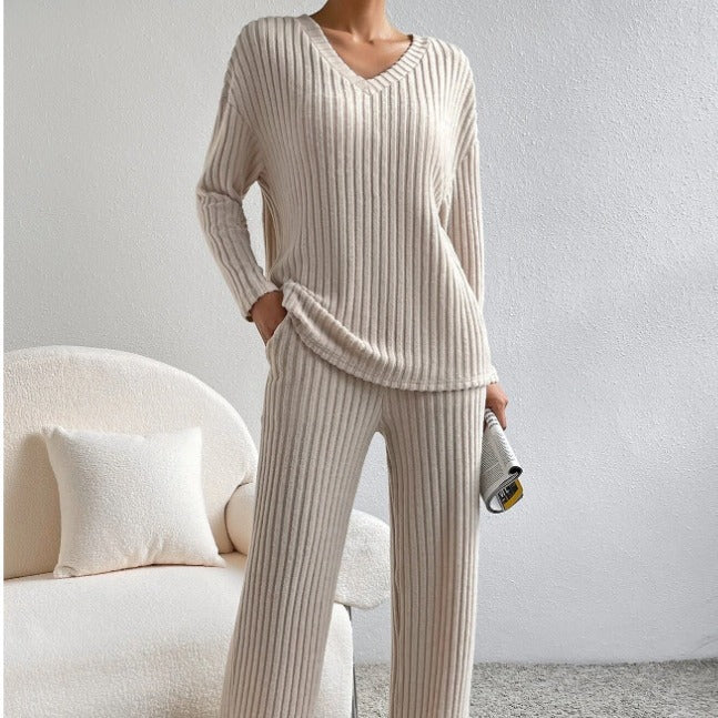 Women's Knit Two-Piece Set – V-Neck Sweater Top & Straight-Leg Pants | Korean Style