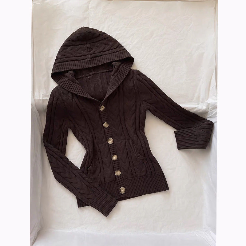 Women's Korean Slim-Fit Hooded Sweater – Knit Long Sleeve Cardigan in Ancient Brown