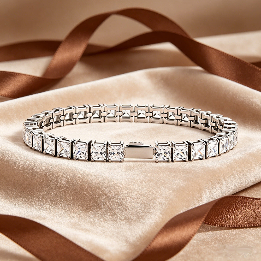Square-Cut White Zircon Tennis Bracelet