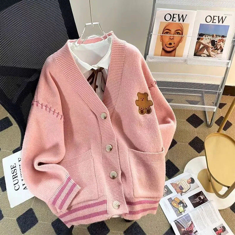 Women's V-Neck Knit Cardigan – Soft Loose-Fit Button-Front Layer