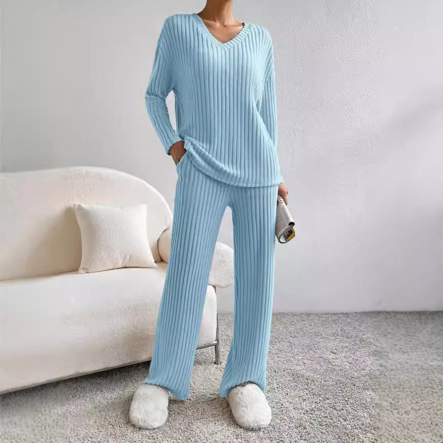 Women's Knit Two-Piece Set – V-Neck Sweater Top & Straight-Leg Pants | Korean Style