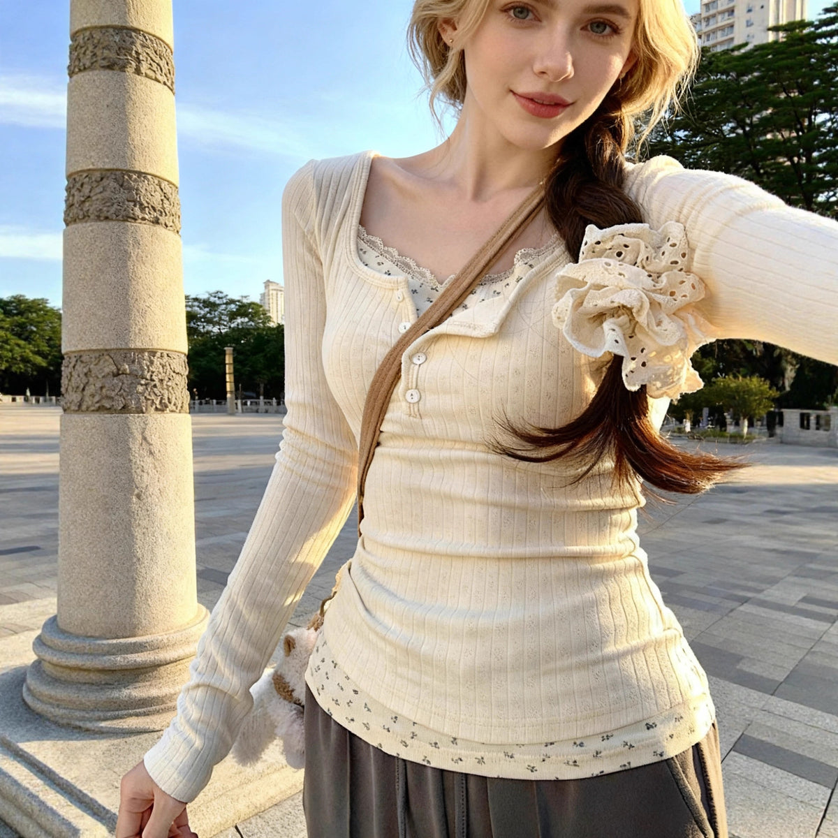 Lace Trim Floral Print Slim Fit Top | Elegant V-Neck Women's Shirt