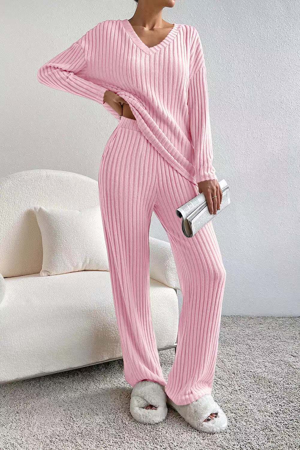 Women's Knit Two-Piece Set – V-Neck Sweater Top & Straight-Leg Pants | Korean Style