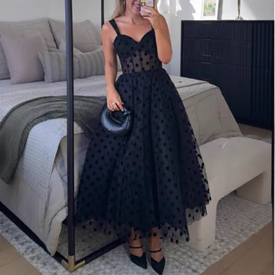 Women’s Black Dotted Mesh Maxi Dress – V-Neck