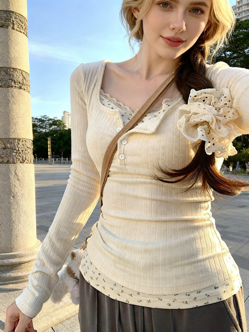 Lace Trim Floral Print Slim Fit Top | Elegant V-Neck Women's Shirt