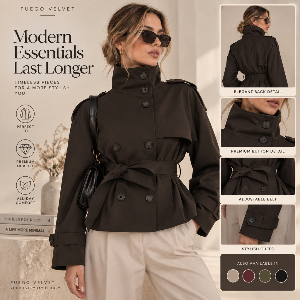 Women's Belted Short Trench Coat – High Collar, Lace-Up Detail | Sizes S–3XL
