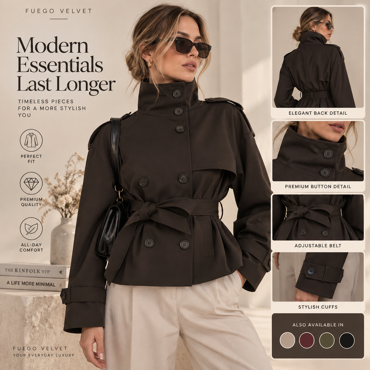 Women's Belted Short Trench Coat – High Collar, Lace-Up Detail | Sizes S–3XL