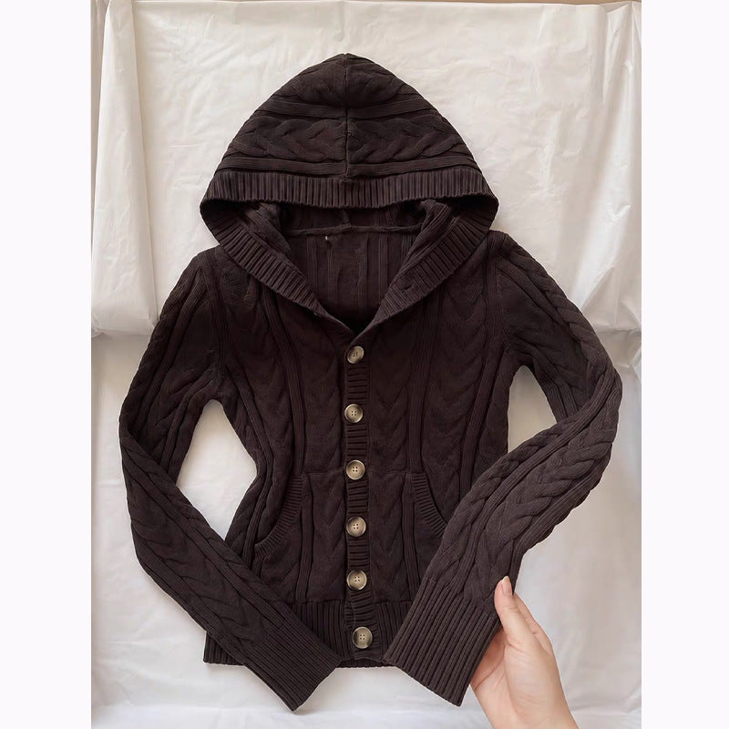 Women's Korean Slim-Fit Hooded Sweater – Knit Long Sleeve Cardigan in Ancient Brown