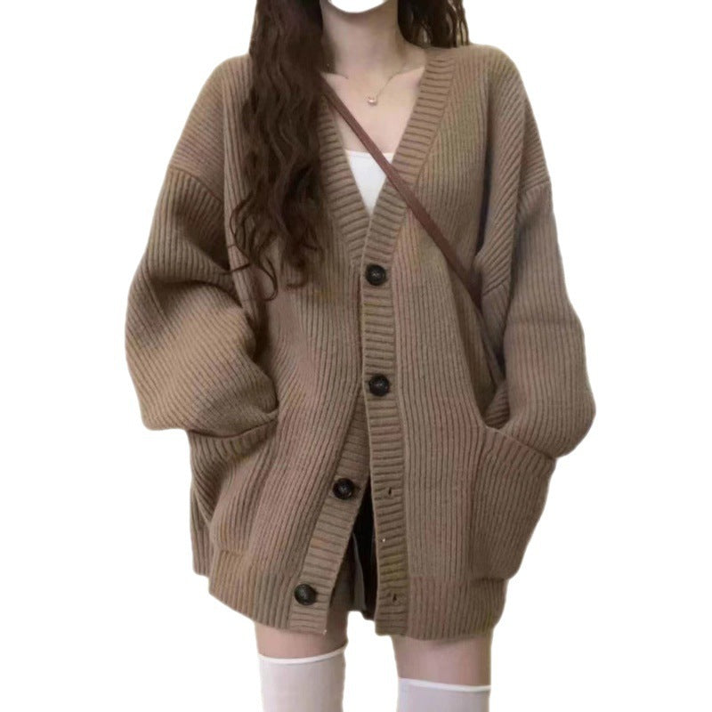 Women's Korean-Style Loose Knit Cardigan – Pocket Detail Sweater Jacket