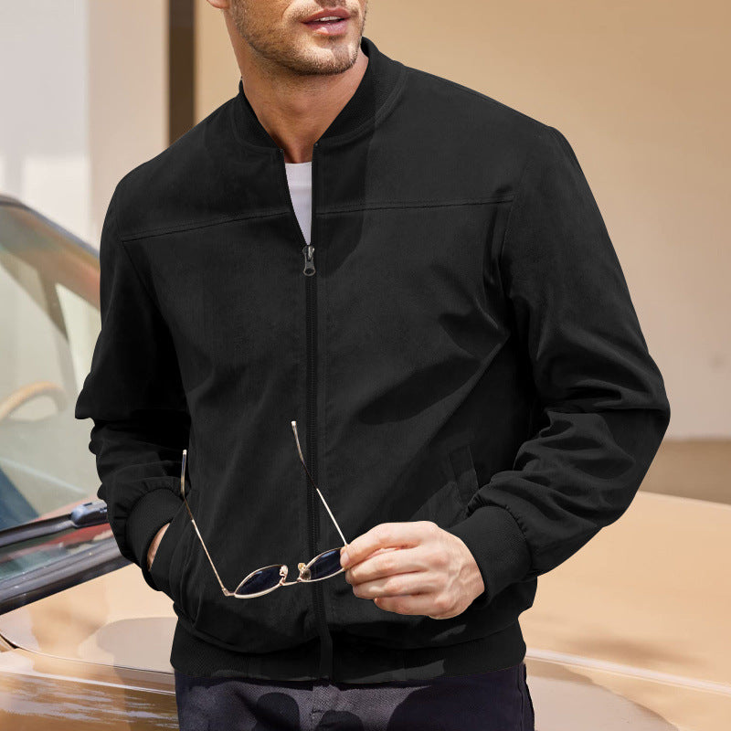 Men's Suede-Look Stand Collar Zip Jacket