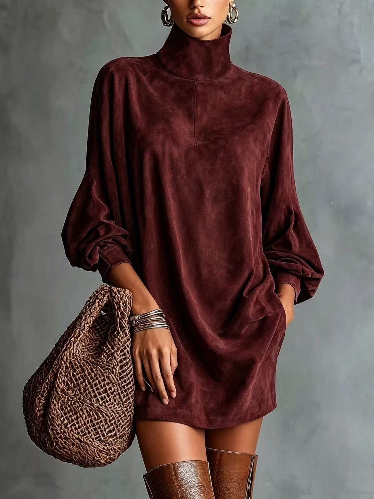 Faux Suede Retro Lapel Mini Dress | Women's Long Sleeve A-Line