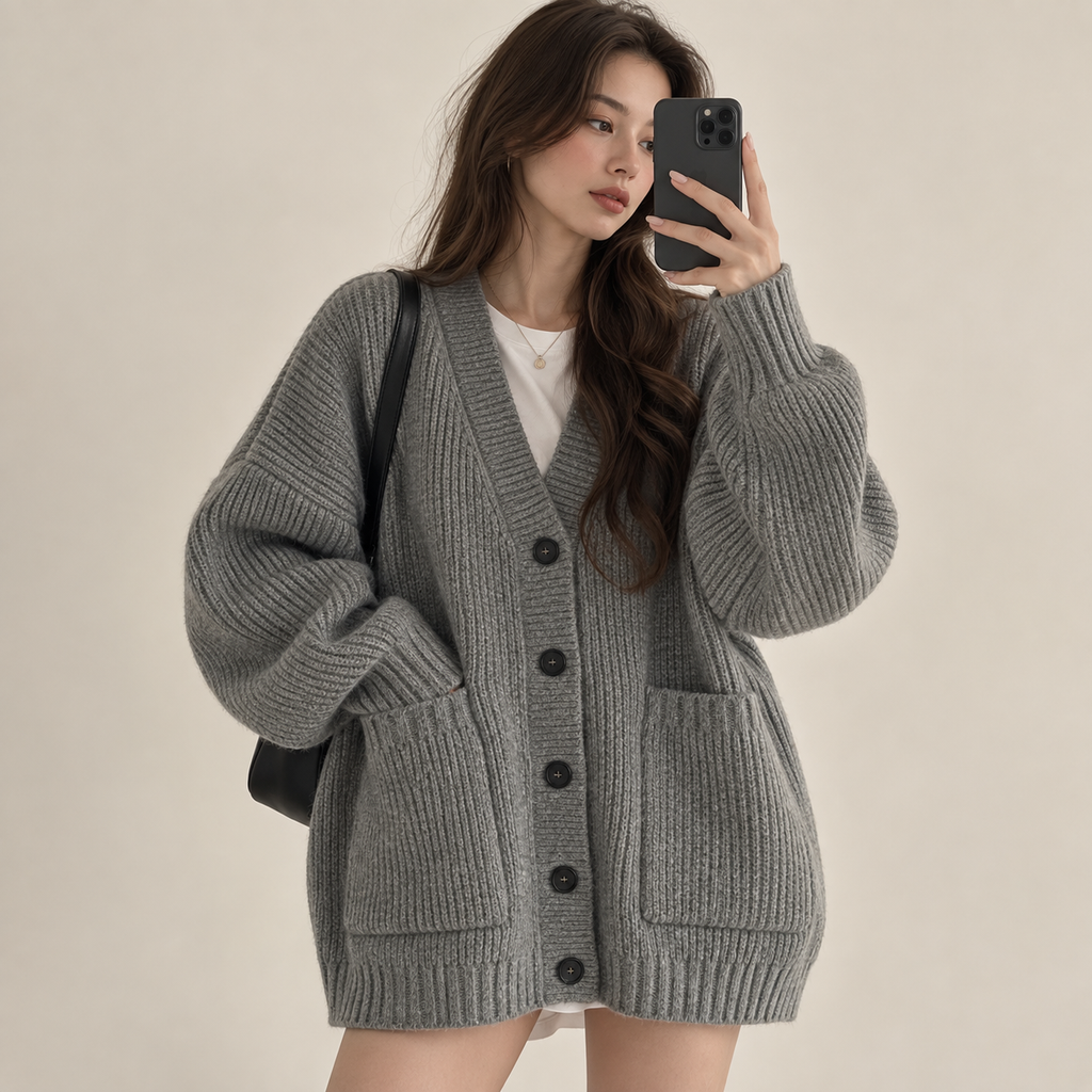 Women's Korean-Style Loose Knit Cardigan – Pocket Detail Sweater Jacket