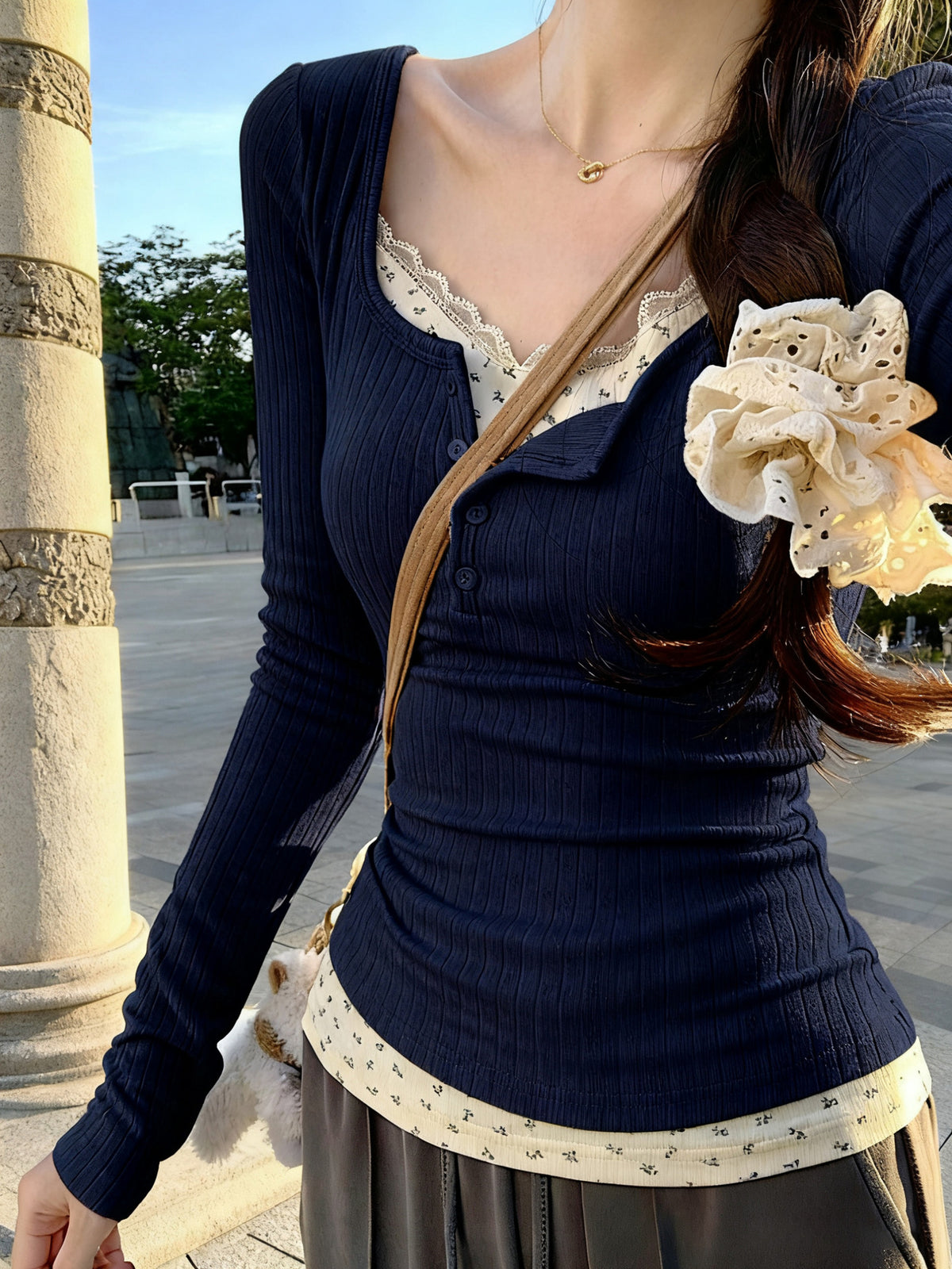 Lace Trim Floral Print Slim Fit Top | Elegant V-Neck Women's Shirt