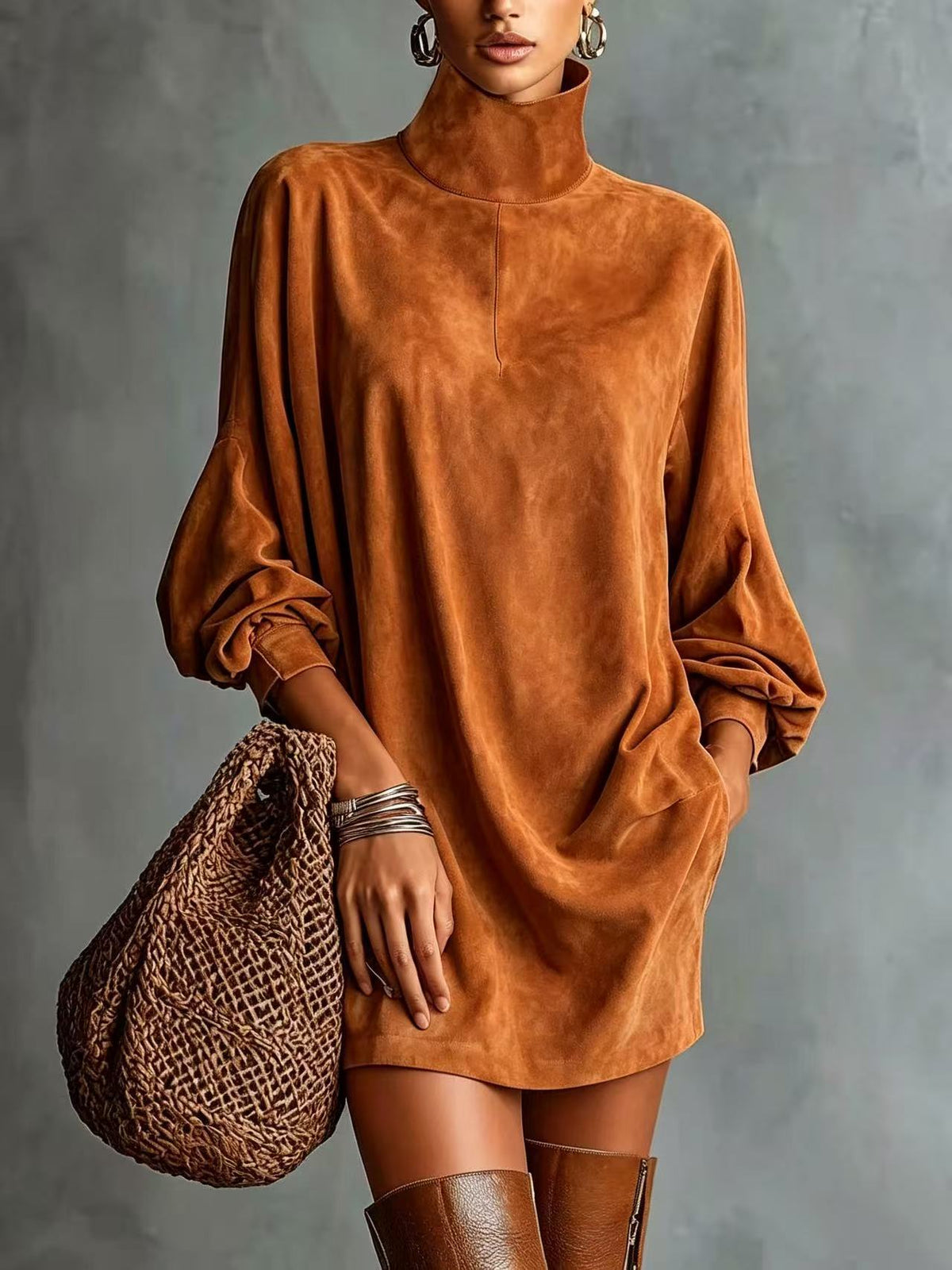 Faux Suede Retro Lapel Mini Dress | Women's Long Sleeve A-Line