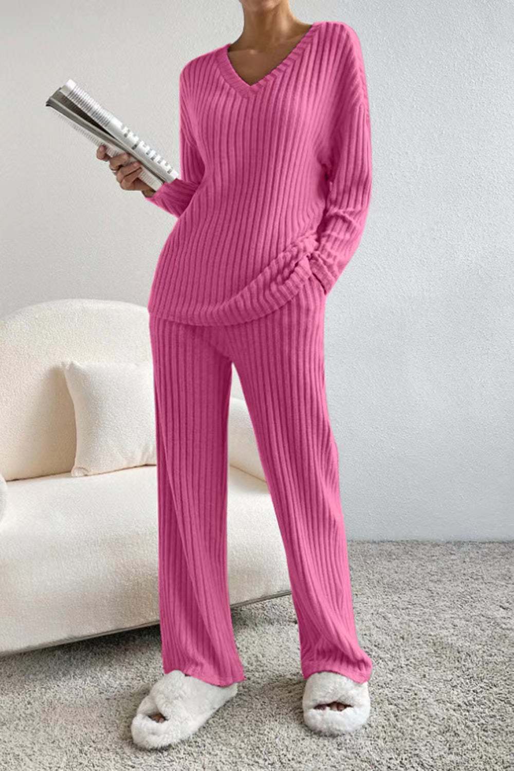 Women's Knit Two-Piece Set – V-Neck Sweater Top & Straight-Leg Pants | Korean Style