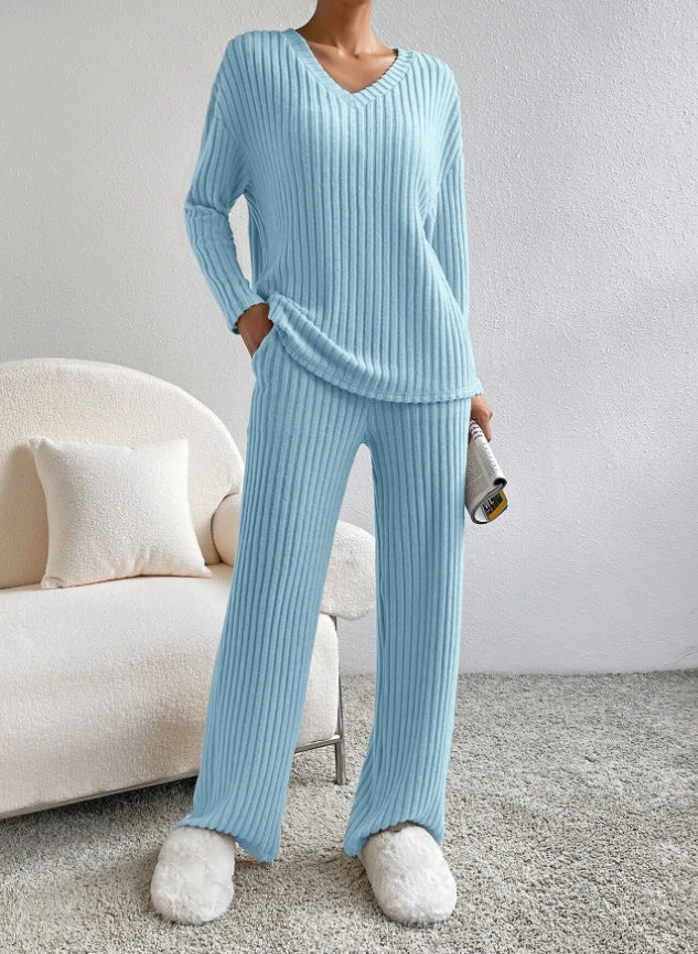 Women's Knit Two-Piece Set – V-Neck Sweater Top & Straight-Leg Pants | Korean Style