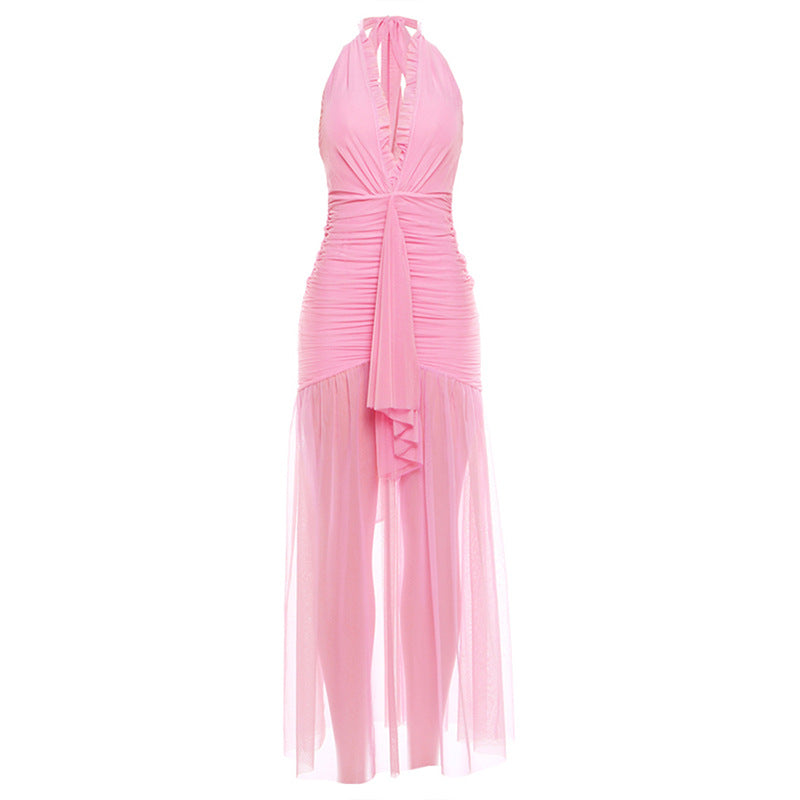 Women’s Pleated Mesh Dress – V-Neck Halter