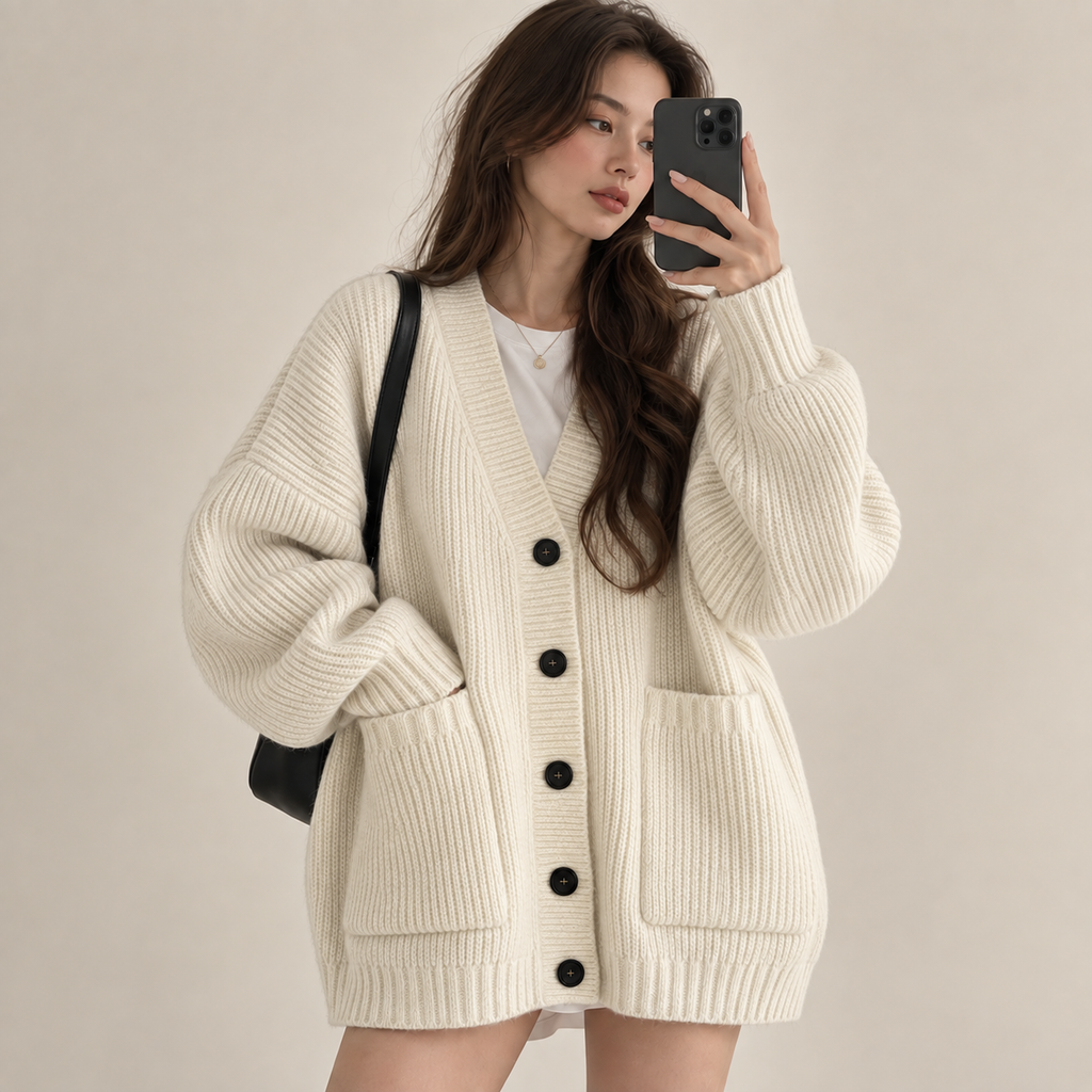 Women's Korean-Style Loose Knit Cardigan – Pocket Detail Sweater Jacket