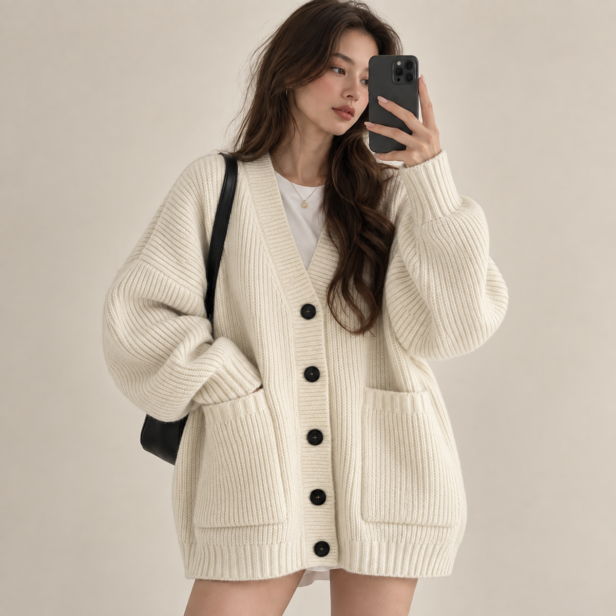 Women's Korean-Style Loose Knit Cardigan – Pocket Detail Sweater Jacket