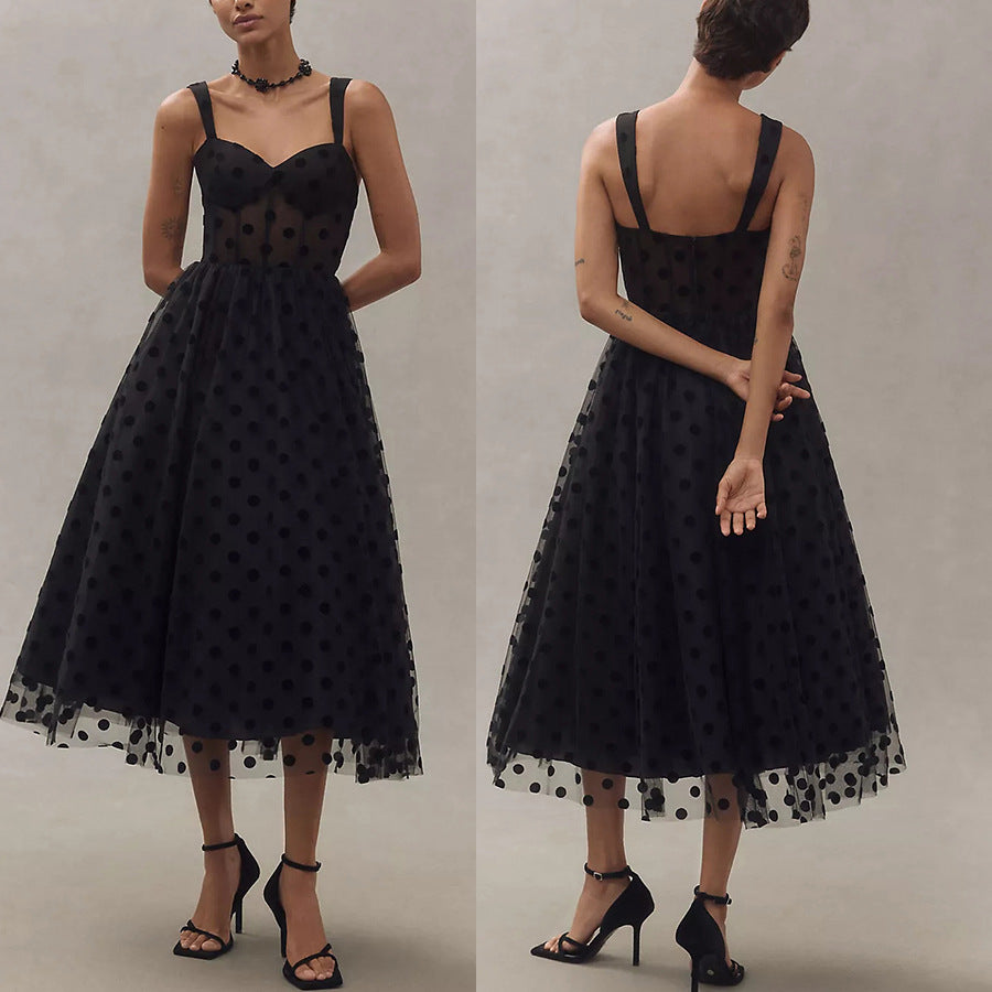 Women’s Black Dotted Mesh Maxi Dress – V-Neck