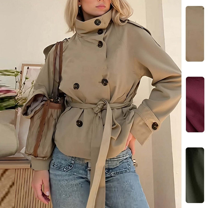 Women's Belted Short Trench Coat – High Collar, Lace-Up Detail | Sizes S–3XL