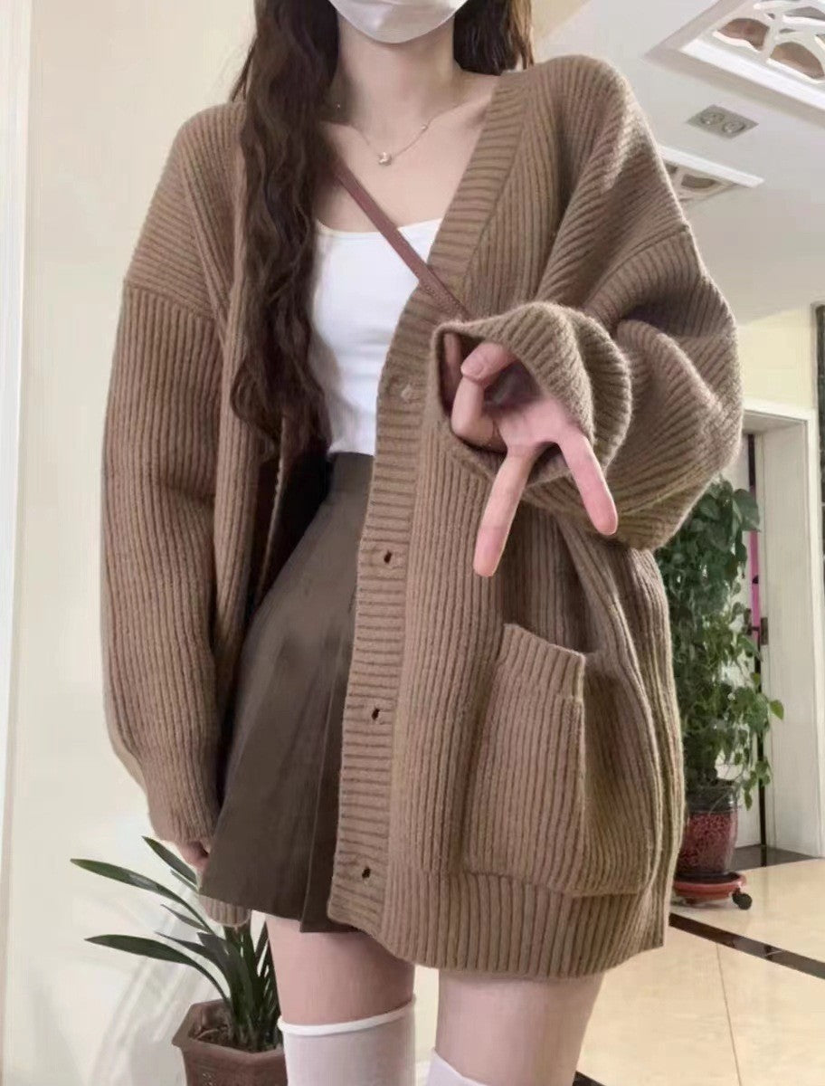 Women's Korean-Style Loose Knit Cardigan – Pocket Detail Sweater Jacket
