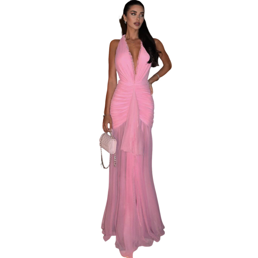 Women’s Pleated Mesh Dress – V-Neck Halter