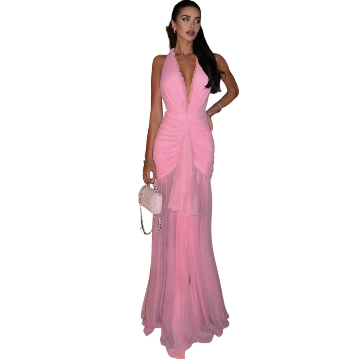 Women’s Pleated Mesh Dress – V-Neck Halter