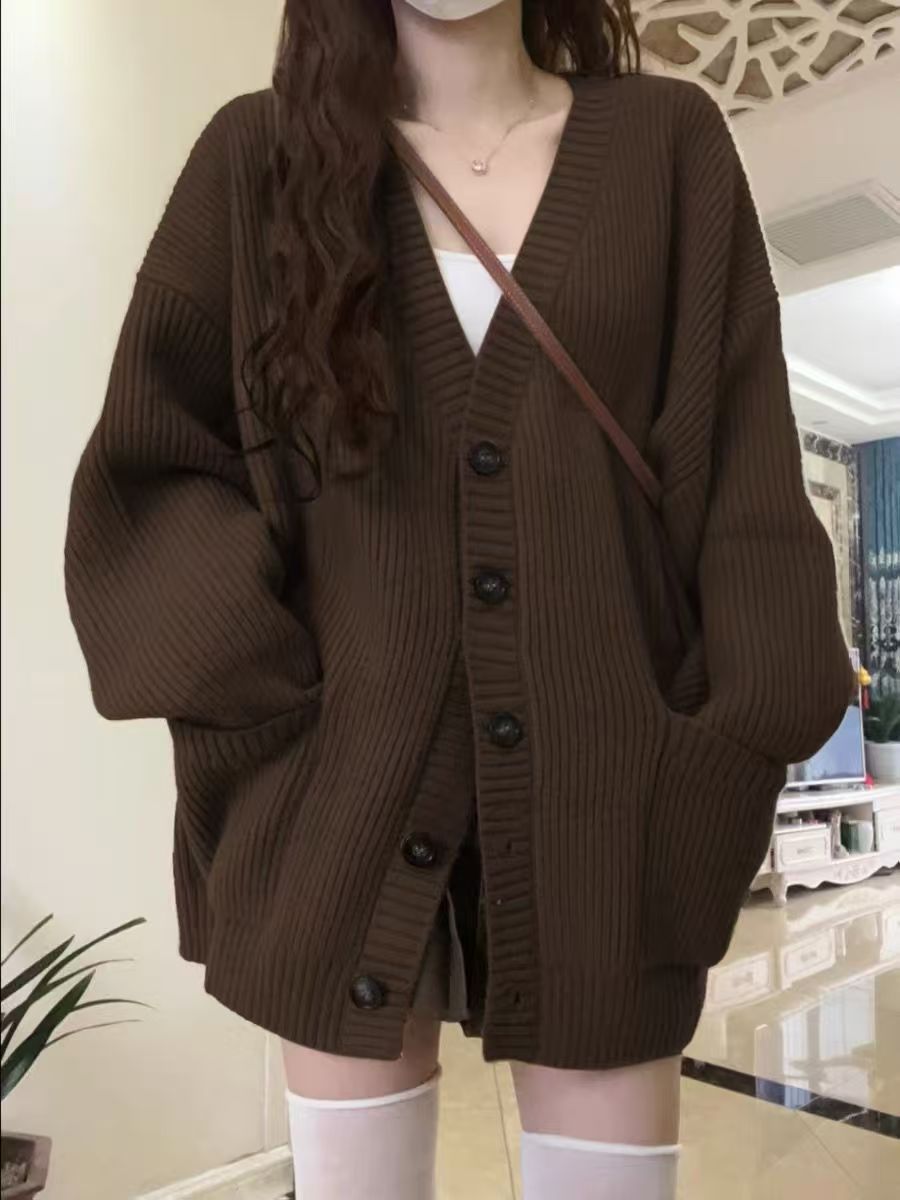 Women's Korean-Style Loose Knit Cardigan – Pocket Detail Sweater Jacket