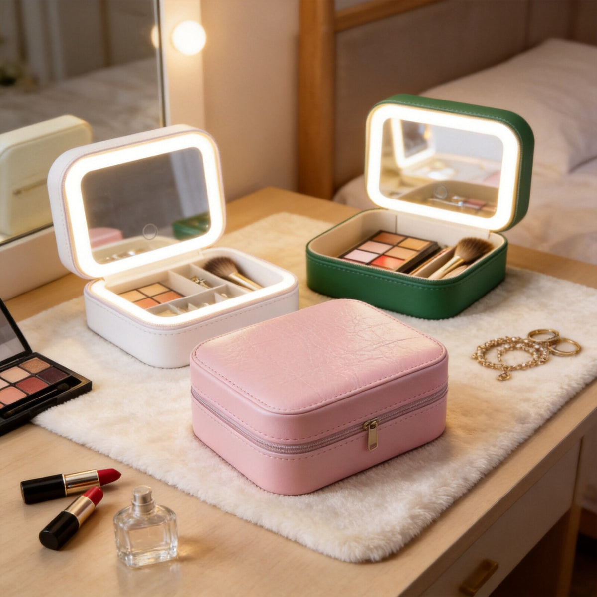 LED Lighted Makeup Bag with Mirror – Portable Vanity Case for Travel | Pink, Green & White