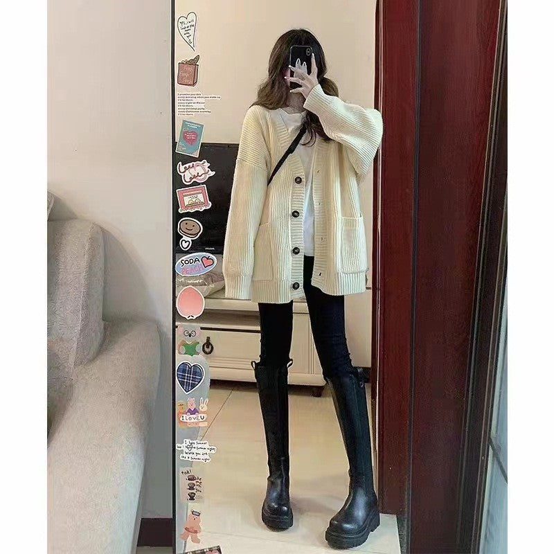 Women's Korean-Style Loose Knit Cardigan – Pocket Detail Sweater Jacket