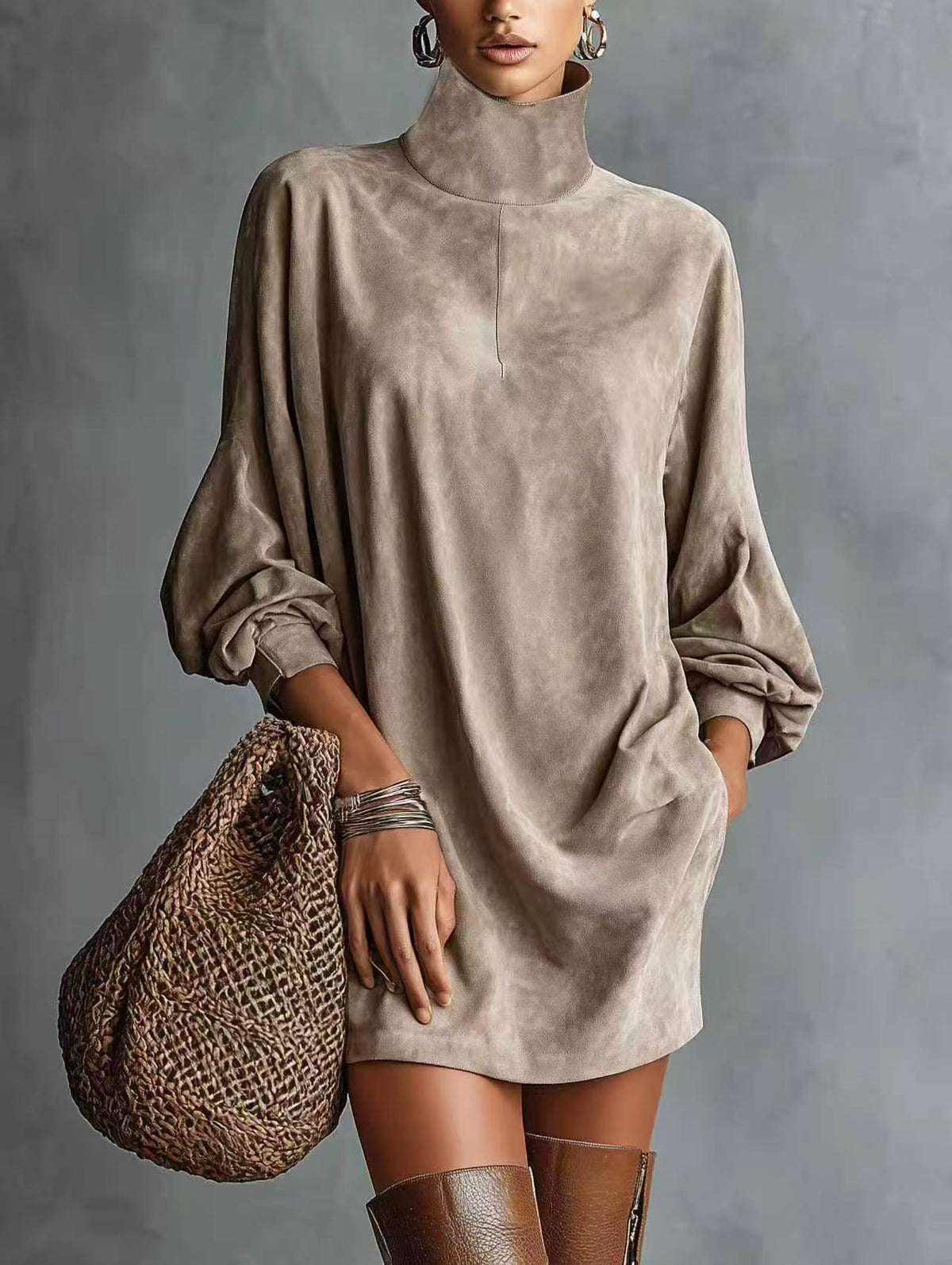 Faux Suede Retro Lapel Mini Dress | Women's Long Sleeve A-Line