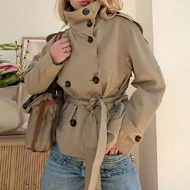 Women's Belted Short Trench Coat – High Collar, Lace-Up Detail | Sizes S–3XL