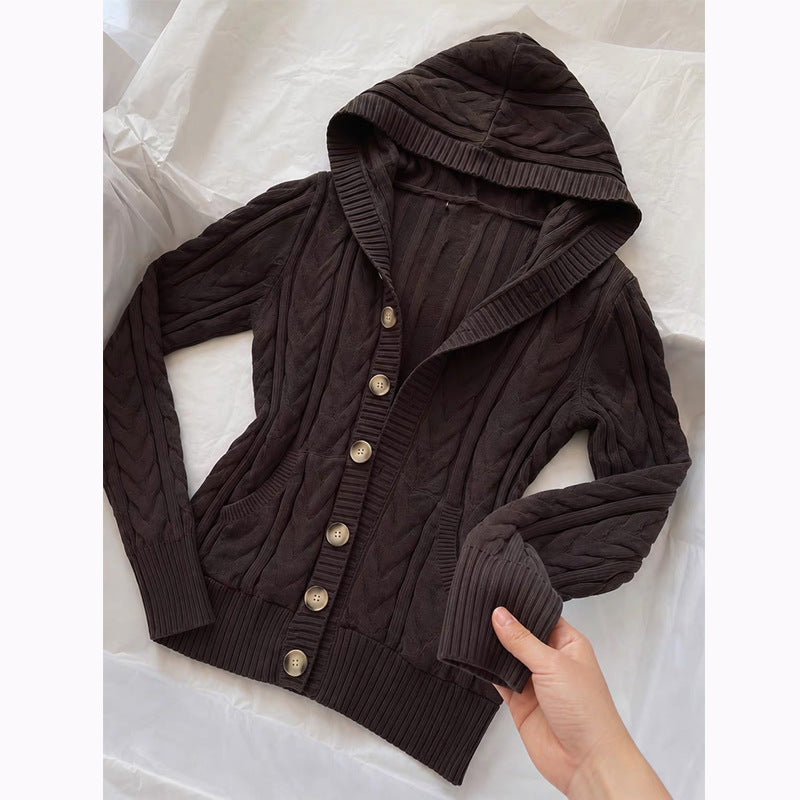 Women's Korean Slim-Fit Hooded Sweater – Knit Long Sleeve Cardigan in Ancient Brown